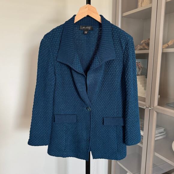 St. John Waffle Knit Jacket Blue Textured Button Front Wool Sweater Blazer 4 - Picture 1 of 6